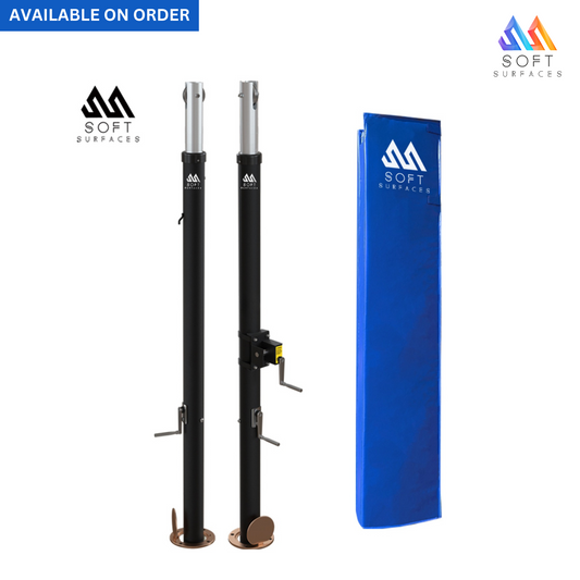 Two volleyball posts with black powder coating, adjustable height markings, and a blue protective padding sleeve.