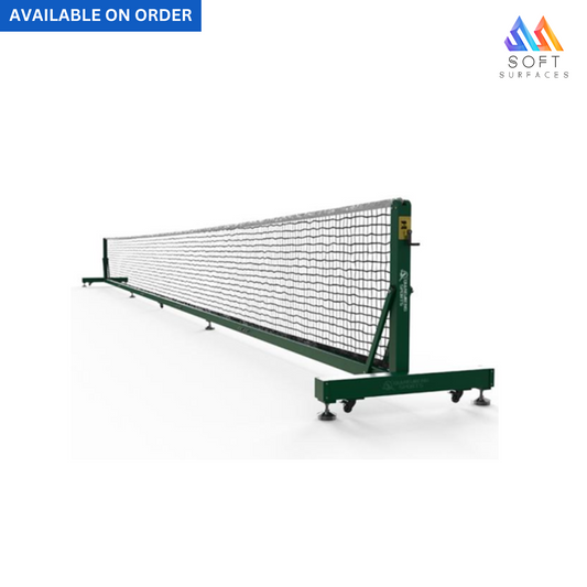 A portable aluminum tennis post with a net, featuring a green color, black powder coating, and branded with 'TEPAL'. It has a rectangular shape with a net attached to the top and stands on four brake wheels.