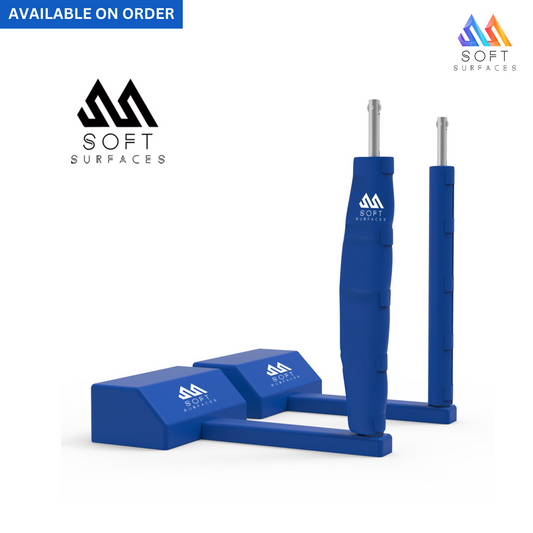 Portable volleyball posts with wheels, featuring a black powder coating and height adjustment mechanism, accompanied by a blue net.