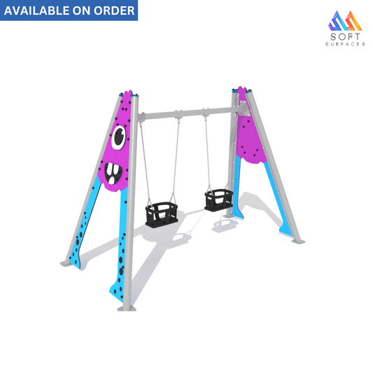 A colorful swing set with a cartoonish design, featuring a blue and purple swing set with safety cradles and a metal frame.