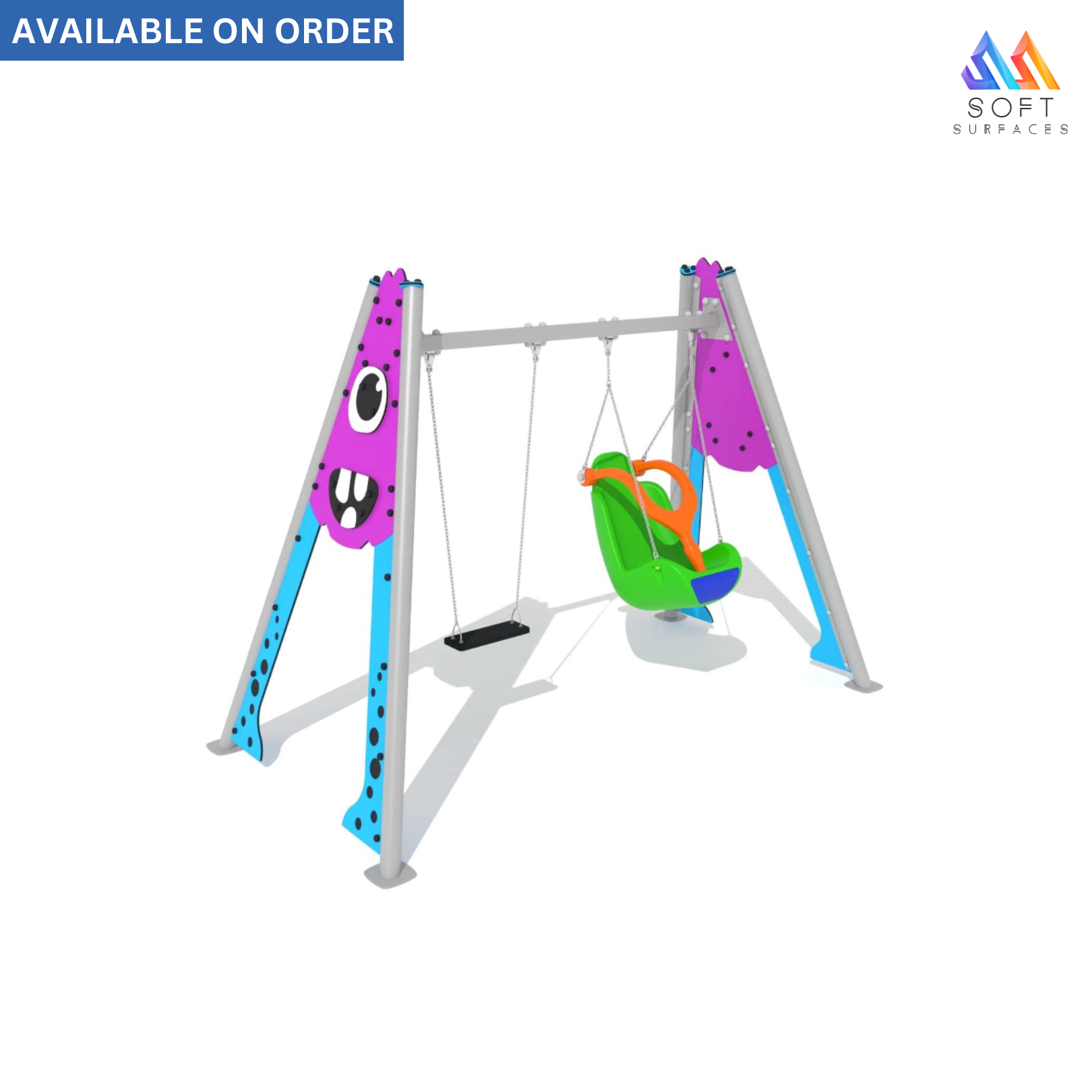 A colorful steel swing set with a flat seat and a folding seat, featuring a spooky character design and a rigid harness for handicapped children.