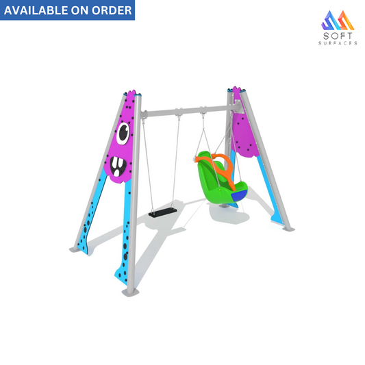 A colorful steel swing set with a flat seat and a folding seat, featuring a spooky character design and a rigid harness for handicapped children.