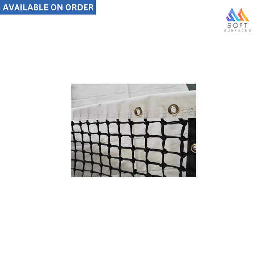 A close-up section of a tennis net showing the mesh and eyelets, with the brand logo 'Soft Surfaces' visible.