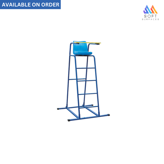A blue tennis umpire's chair with a steel frame and a plastic seat, displayed against a white background with a 'Available on order' text and the Soft Sports logo.
