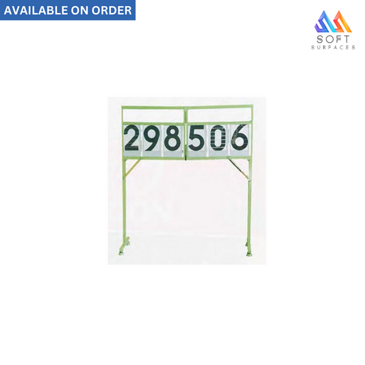 A volleyball scoreboard with a green steel frame, black PVC numbers, and a stable steel base. The image indicates that the product is available on order.