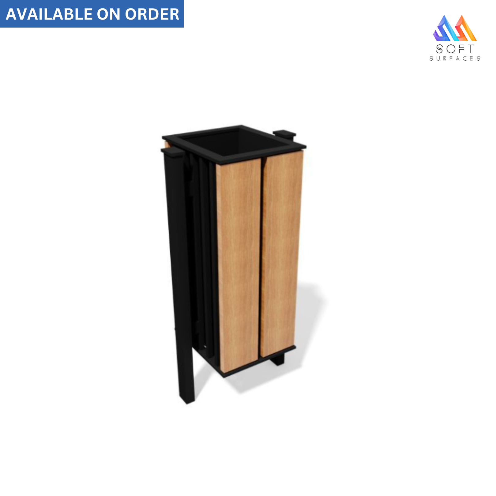 A rectangular waste bin with a black metal frame and a beige wooden lid, featuring a textured design on the waste bin.