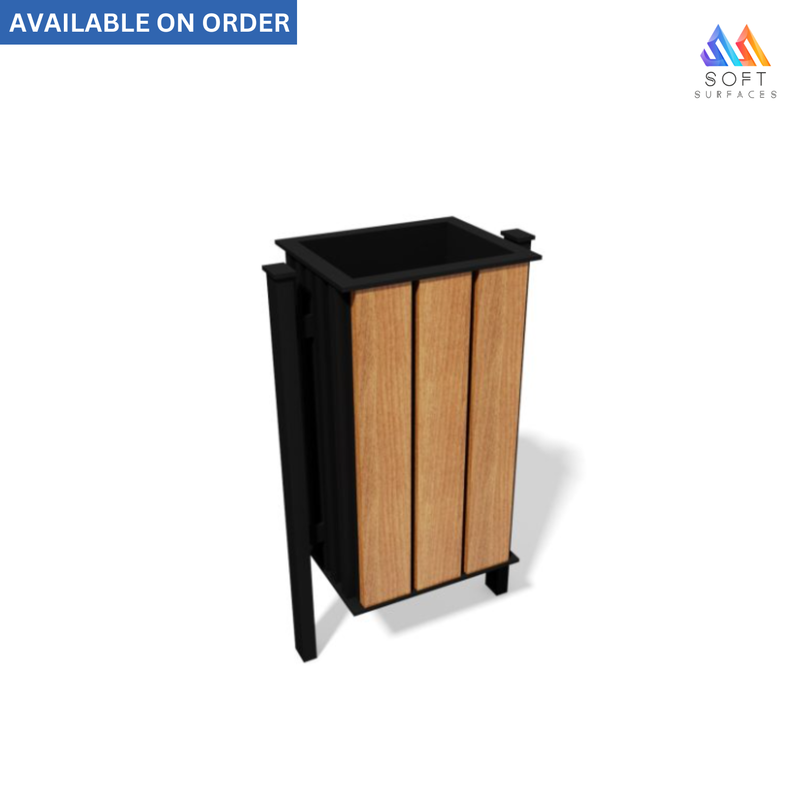 A rectangular black waste bin with a wooden vertical panel on the front door