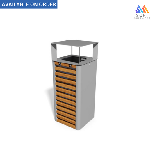 A rectangular waste bin with a gray top and base, featuring wooden slats on the sides