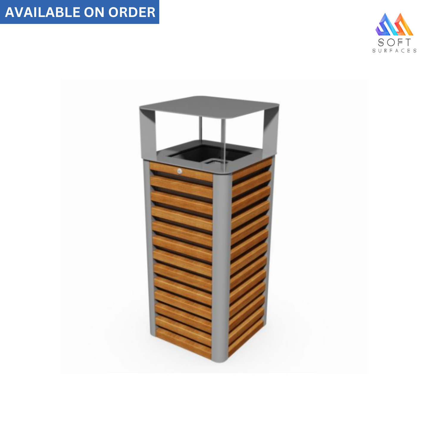 A rectangular waste bin with a metal top and base, and wooden vertical panels.