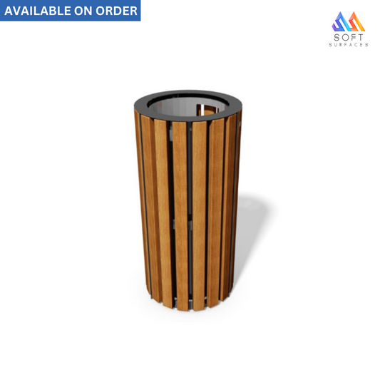 A cylindrical waste bin with a striped pattern, featuring a black top and a wooden body