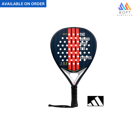 adidas Match Blue 3.4 paddle tennis racket with a predominantly blue surface featuring red and white accents and text, alongside an adidas logo.